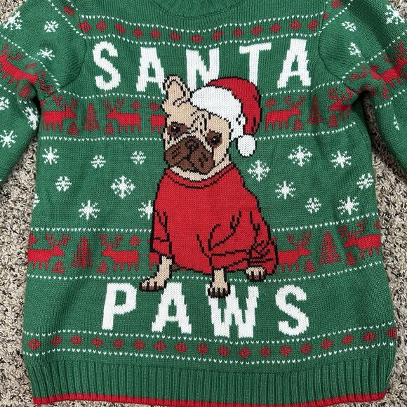 Holiday Time Kids Sz M 8 Green Christmas Sweater Santa Paws Pug Dog Ugly Sweater - Picture 4 of 9